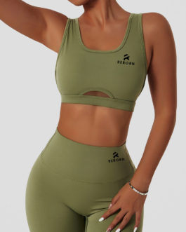 Recycled open back training bra, nature green